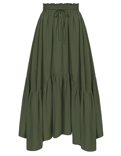 Women's Flowy Boho Renaissance Maxi Skirt | A-Line Elastic High Waist Long Skirt with Pockets, Asymmetrical Hem, for Casual, Travel, Office, Ren Faire